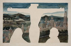 31021 Afbeelding van de achtergrond van een triptiek met de voorstelling van de kruisiging waarop de Domkerk te Utrecht ...